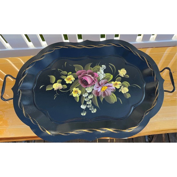 Black Vintage Hand-Painted Footed Toleware Serving Tray, Floral, Made in USA - Picture 2 of 10